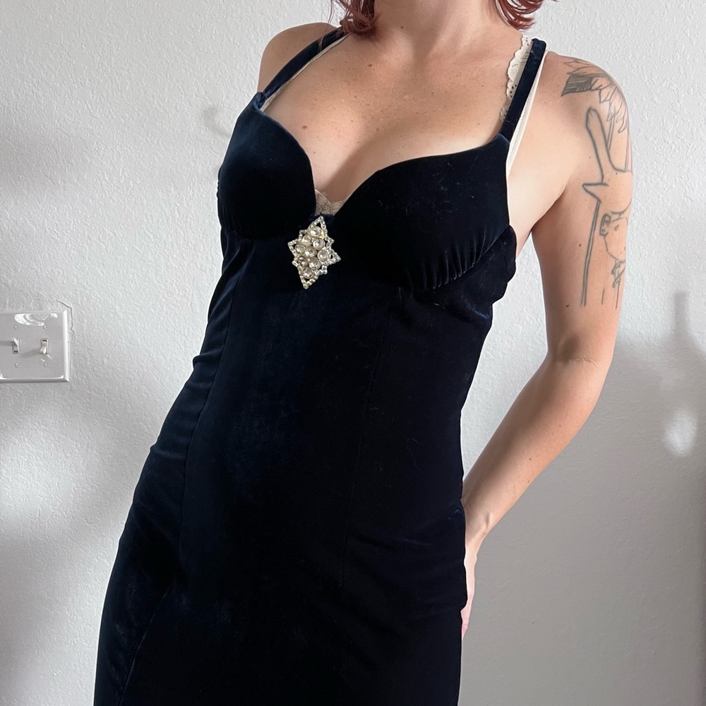 Vintage Celine Ny Navy Velvet Slit Dress